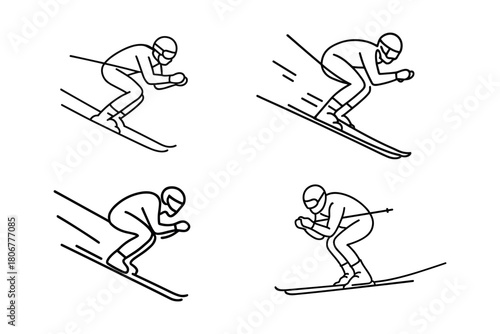 Alpine downhill skiing icons – professional skiers racing fast in crouched position. Winter sports competition concept. Vector illustration.
