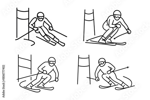 Slalom ski racing icons – athletes skiing between gates in fast turns. Competitive winter sports concept. Vector illustration.