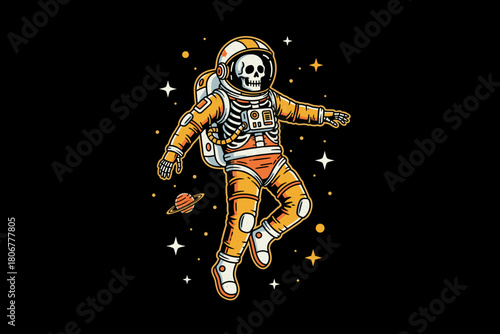 Skeleton Astronaut Floating in Outer Space with Stars and Planet