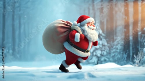Santa Claus running with bag full of presents through snowy winter forest for Christmas delivery. Old man wear costume rushing on time. Pre New Year discounts, sale, holiday shopping, hurry buy gifts.