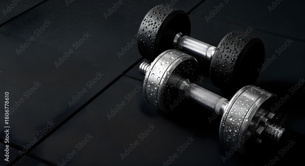 Naklejka premium Two dumbbells with water droplets on a dark reflective surface