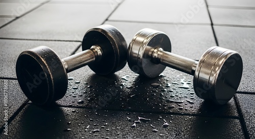 Two dumbbells resting on a wet gym floor with water droplets.