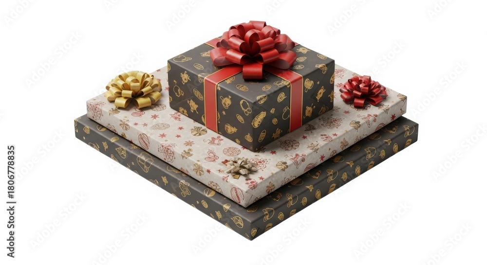 Obraz premium Festive isometric gift box with red ribbon and ornaments on a textured base perfect for holidays