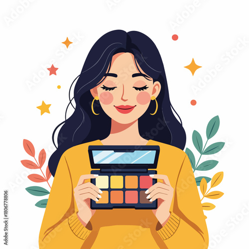 A woman holding an eyeshadow makeup palette. Flat design character for beauty and cosmetics concepts