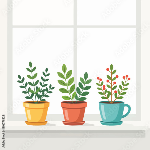 Potted plants and winter herbs on a windowsill. Flat design graphic of houseplants for home decor. Indoor gardening concept with berries