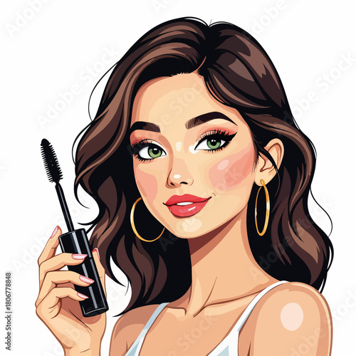 Woman holding a mascara wand. Beauty and makeup cartoon character. Fashion and cosmetics graphic for a salon
