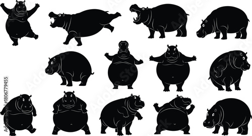 Black Silhouette Hippopotamus Poses on White Background animal wildlife