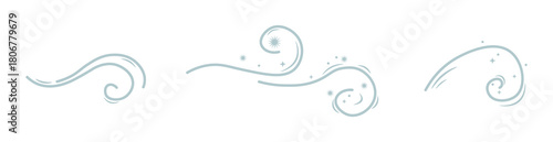 Set of three images. Gray wave, gust of wind, strong wind and  weather phenomenon. Merry Christmas, New Year and winter magic. Flat vector design. Environment.