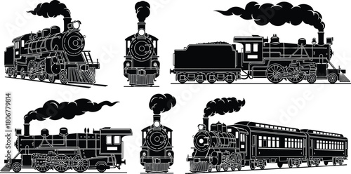 Vintage steam locomotive silhouette collection featuring classic train engines, railroad transportation illustrations and retro rail vehicle designs for creative projects