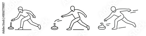 Line art sequence of athletes sliding curling stones on ice in a controlled stance during a game.