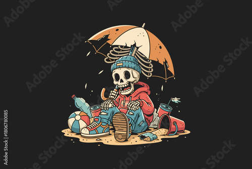 Skeleton chilling under an umbrella with beach accessories.