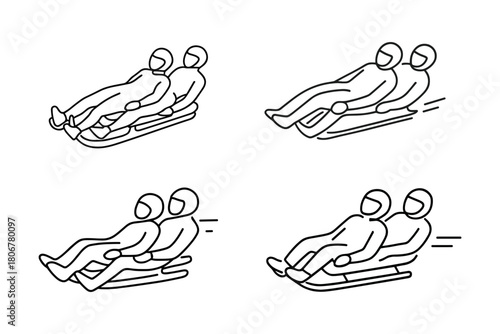 Set of line art illustrations of two-person luge teams racing at high speed in synchronized sled positions.