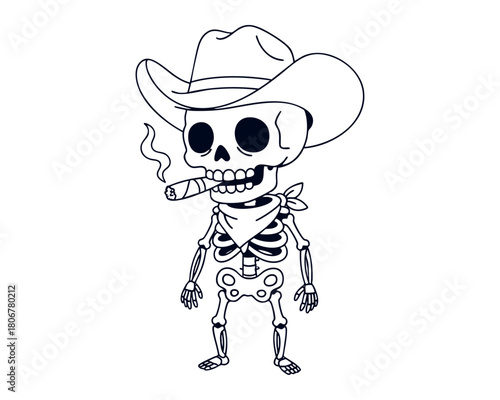 Cute Skeleton Wearing Cowboy Hat and Smoking a Cigar — Line Art Illustration