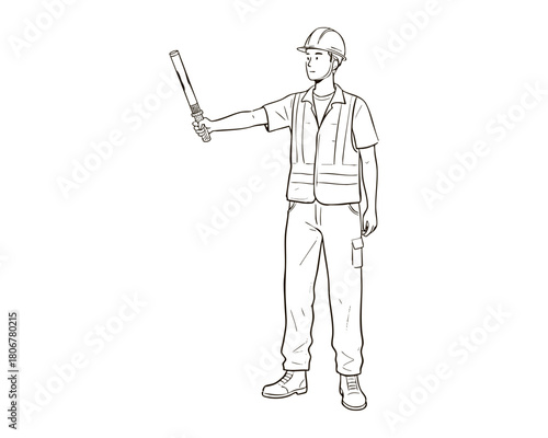 Construction Worker Holding a Signal Baton While Directing Traffic — Line Art Illustration