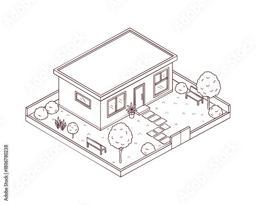 Isometric-Style House with Garden in Minimal Clean Design — Line Art Illustration