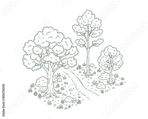 Isometric-Style Forest Scene with Simplified Trees — Line Art Illustration