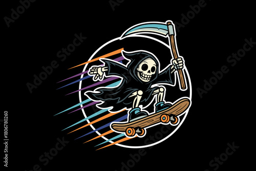 Grim Reaper Skeleton Riding a Skateboard with Scythe.