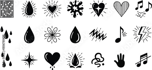 Vector art icons set with hearts drops music notes lightning and shapes eps silhouette