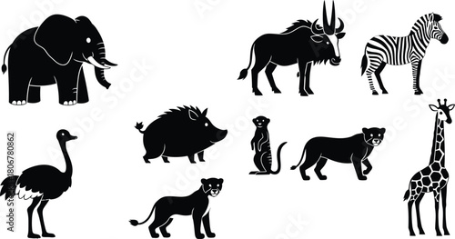 Collection of African Safari Animal Silhouettes on White Background elephant wildebeest