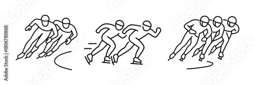 Line icons of speed skating athletes racing on ice in pairs and groups.