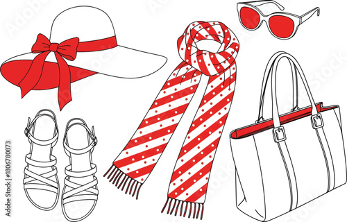 Stylish summer accessories hat scarf sunglasses bag sandals red white eps silhouette