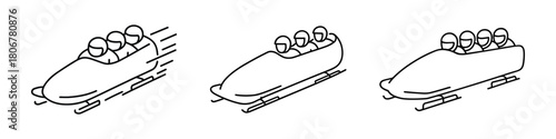 Line art illustrations of four-person bobsleigh teams racing on an ice track.