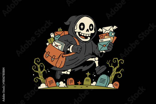 Grim Reaper Character Delivering Mail with a Smile.