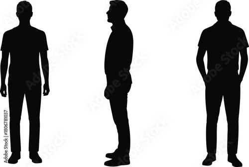 Standing man silhouette vector set, male figure in front and side view, casual young guy body positions isolated black.