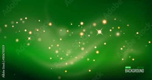 Green christmas glitter background with stars. Festive glowing blurred texture.