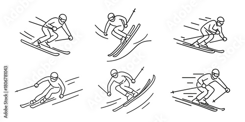 Set of line icons showing alpine skiers racing downhill with dynamic motion.
