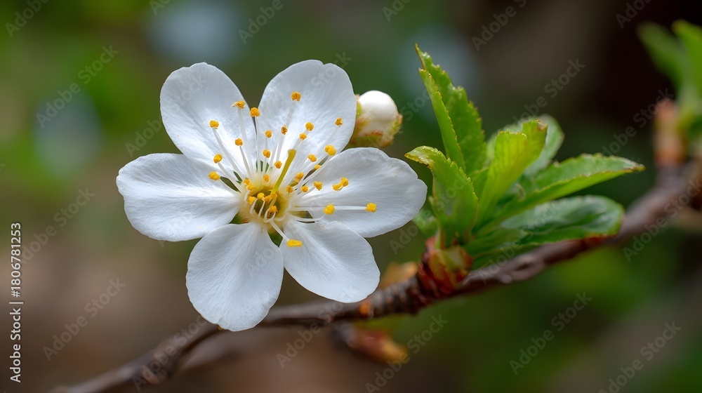 Fototapeta premium A delicate white blossom with yellow stamens and fresh green leaves on a branch during springtime