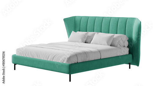 Contemporary bed with comforter and pillows on an isolated background. 
