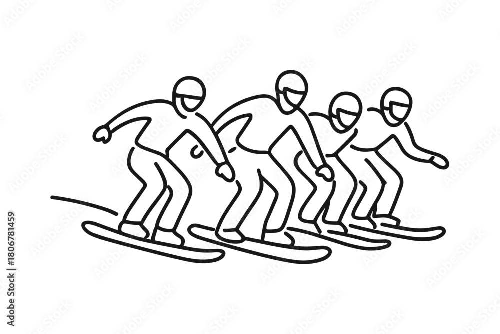 Obraz premium Snowboarders competing side by side in a boardercross race on a snowy slope.