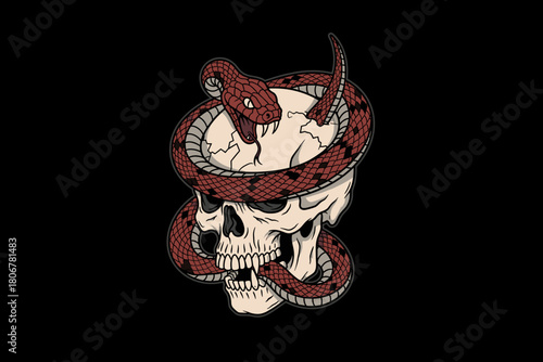 A detailed illustration of a snake coiled around a human skull.