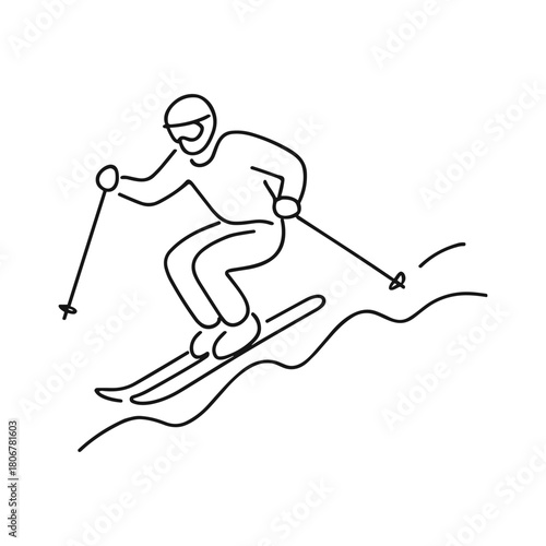 Skier racing downhill over moguls in freestyle skiing competition.