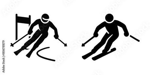 Alpine skiers racing downhill in slalom and giant slalom competition.