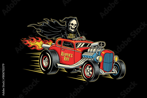 Grim Reaper driving a hot rod car with flames.