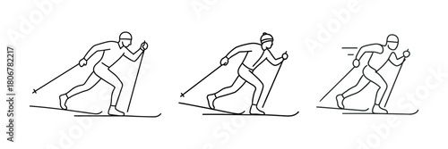 Cross-country skiers in dynamic motion, using poles to push forward on snowy terrain.