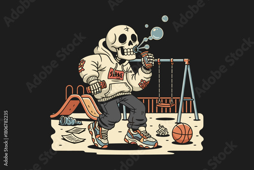 Skeleton character in streetwear smoking on playground.