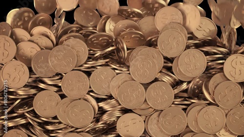 Gold coins falling and accumulating to fill the screen. 3D animation of dollar currency piling up on a transparent background with alpha channel.