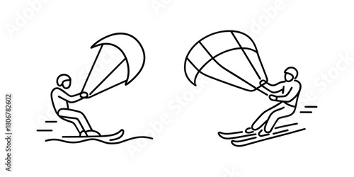 Kite skiers riding with speed and control, using power kites on snow and water surfaces.
