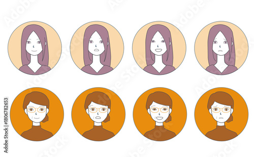 女性のイラスト表情アイコンセット