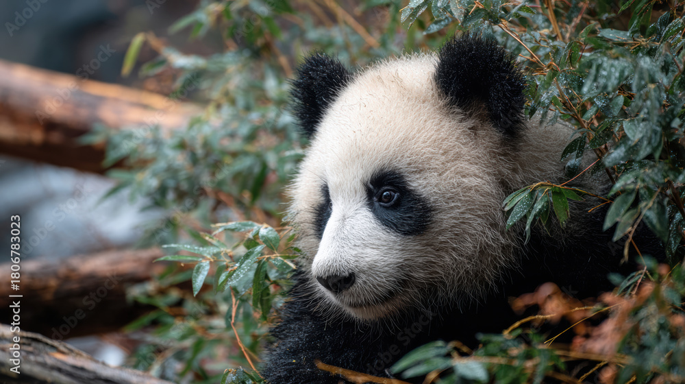Fototapeta premium Curious cute panda bear, beautiful animal in nature, peeks through green bamboo wildlife. lovely portrait of shy young cub hiding