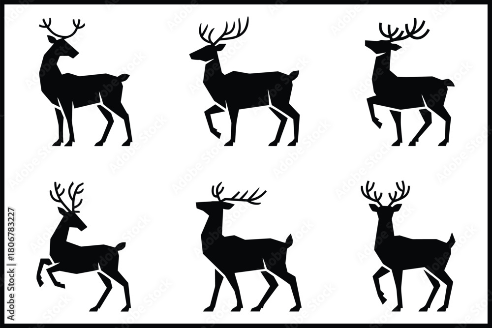 Obraz premium Majestic deer silhouettes in various standing and walking poses isolated on white background, Vector