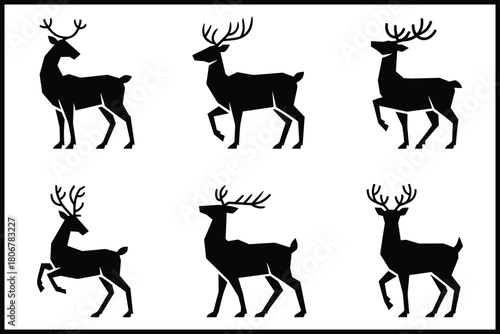 Majestic deer silhouettes in various standing and walking poses isolated on white background, Vector