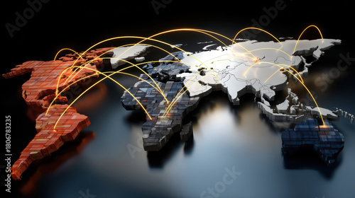 3D world map showing global network with glowing lines. An international business concept representing communication, trade routes and logistics