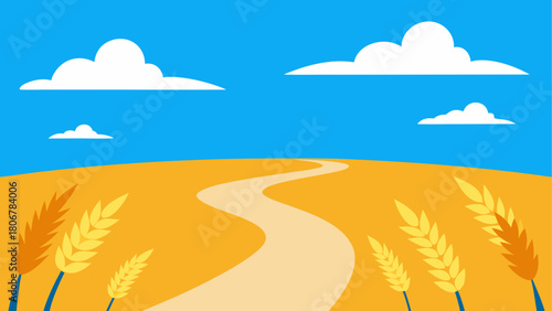 Wheat field with path to horizon and cloudy sky on transparent background