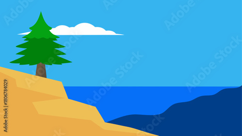 Landscape scene with tree cloud and water vector on transparent background