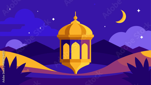 Illustration of a lantern under the moonlight sky on transparent background