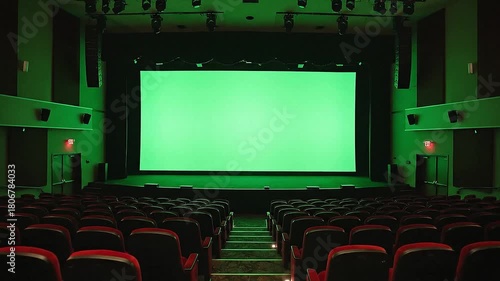 Interior of a cinema with empty seats and a large green screen for filming.